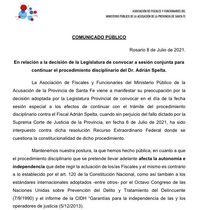 Comunicado público en relación al procedimiento disciplinario seguido al Dr. Adrián Spelta